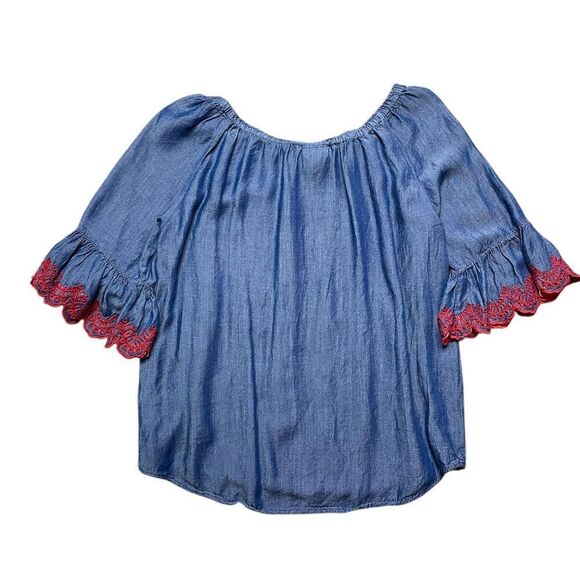 RUBY RD Blue Blouse with Red Embroidered Sleeves Size Small Petite - Picture 2 of 4